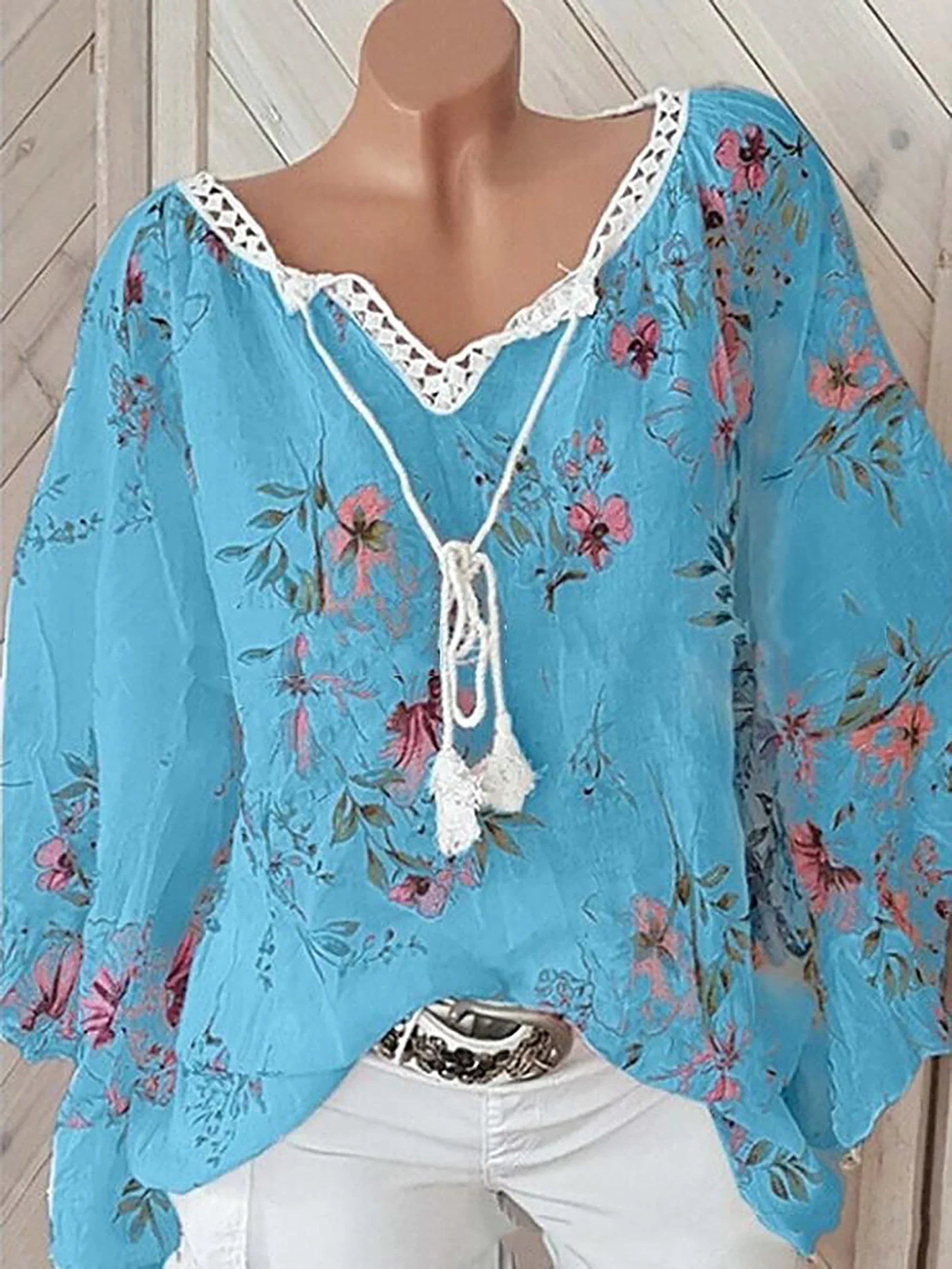 Blomsterprint Hørbluse med Snørelukning | Olsen & Olsen™